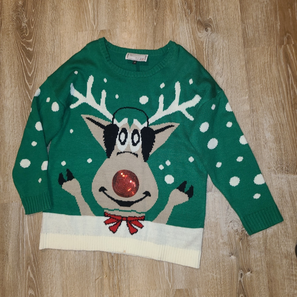 Women's Festive Christmas Green/White Reindeer Sweater With Shiny Nose